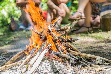 Bonfire in the forest. Happy holidays.
