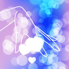 Stock blurred texture with bokeh effect and stylized hand in a graceful gesture with shining hearts