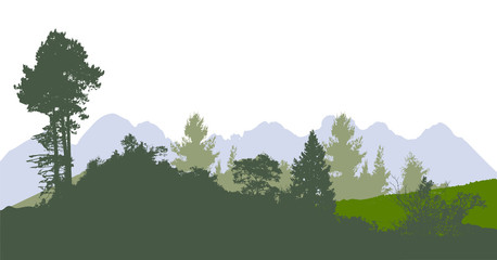 Mountain panoramic landscape with silhouettes of trees and plants