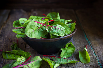 Fresh chard leaves on rustic background