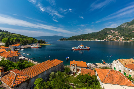 Montenegro seashore, Bay of Kotor / Beautiful landscape with Lepetane town ,sea and mountains. Montenegro
