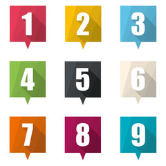 Set of numbers pin marker. Flat Icons with long shadow.