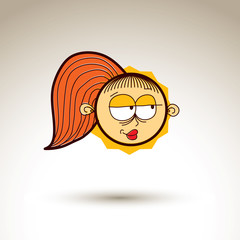 Vector artistic colorful drawing of happy girl with beautiful ha