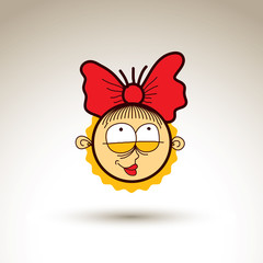 Vector artistic colorful drawing of happy girl with beautiful ha