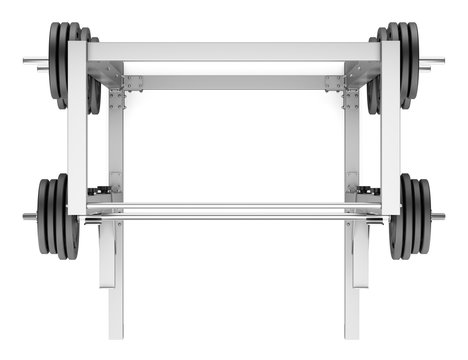 top view of gym half rack with barbell isolated on white backgro