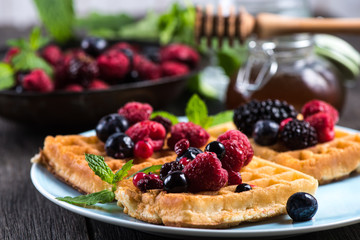summer breakfast, belgian waffles with fresh fruits