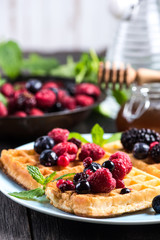 summer breakfast, belgian waffles with fresh fruits