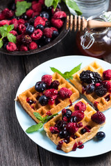 summer breakfast, belgian waffles with fresh fruits