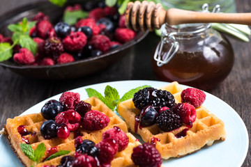 summer breakfast, belgian waffles with fresh fruits