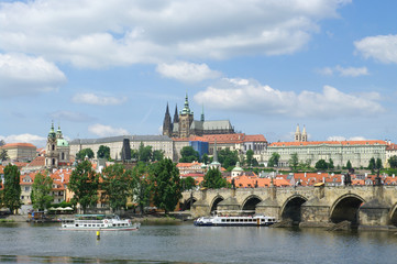 View of colorful old town and Prague castle with river Vltava, Czech Republic