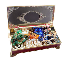 Open vintage red jewelry box, isolated on white background