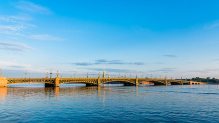 Troitsky bridge and st Peter and Paul cathedral during sunrise