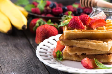 summer breakfast,sweet waffles with strawberry