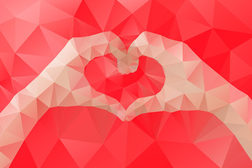 Female hands making a heart shape by abstract geometric triangle in low poly style. Vector illustration