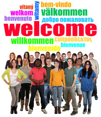 Multi ethnic group of smiling young people saying welcome in tag