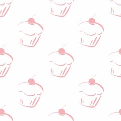 Tile vector pattern with pink cherry cupcakes on white background