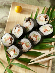 Futomaki. maki sushi with shiitake mushroom, Japanese omelet, cucumber, ginger. japanese cuisine