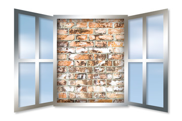 An open window against a solid brick wall - concept image