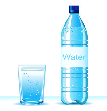 Bottle of clean water and glass on white background .Vector illu