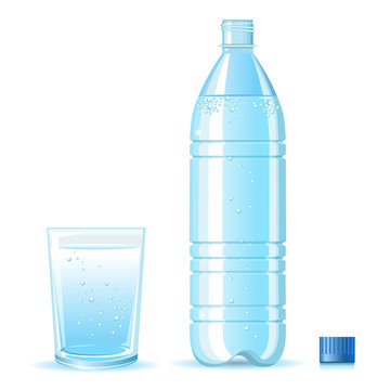 Bottle of clean water and glass with splashing isolated on white