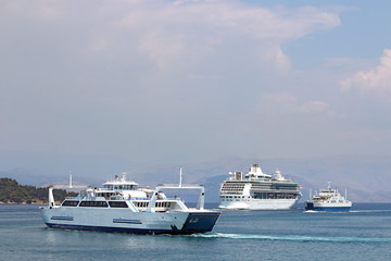 Fototapeta na wymiar ferry boats and cruiser Corfu island Greece