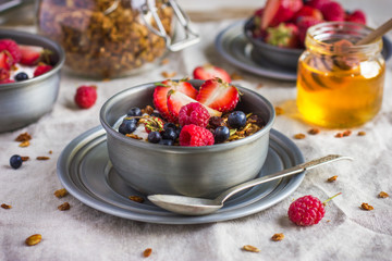 Healthy breakfast. Granola with fresh berries and  yogurt