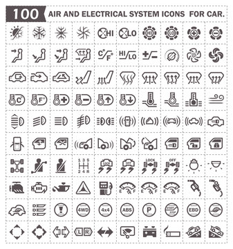 Car dashboard icon. Including with many function control such as air conditioner, fan, light, safety, brake, emergency, seat belt, engine oil, fuel level, 4x4, error, warning, fault, check etc.
