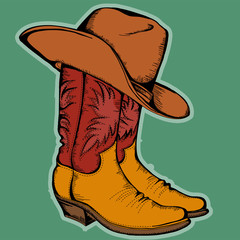 Cowboy boots and hat.Vector color illustration isolated for desi