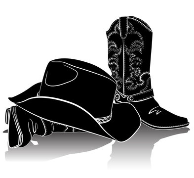 Cowboy boots and hat.Vector grunge background for design