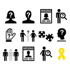 Missing people, missing child icons set
