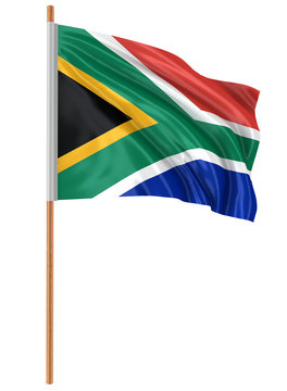 3D flag of South African republic with fabric surface texture. White background.