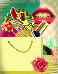 Shopping bag on retro poster.Pop art background illustration