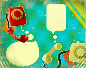 Retro poster with old fashioned telephones on antique paper text