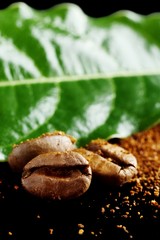 Closeup shot of coffee powder,beans with green leaf on black