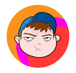 Kid With Cap (mumbling/munching expression), a hand drawn vector illustration of a kid wearing blue cap with mumbling/munching expression.