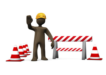 Braunes M&auml;nnchen als Bauarbeiter auf einer Baustelle, 3D-Illustration