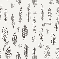 Fototapeta premium Vector seamless pattern of feathers. Doodle. Zentangle
