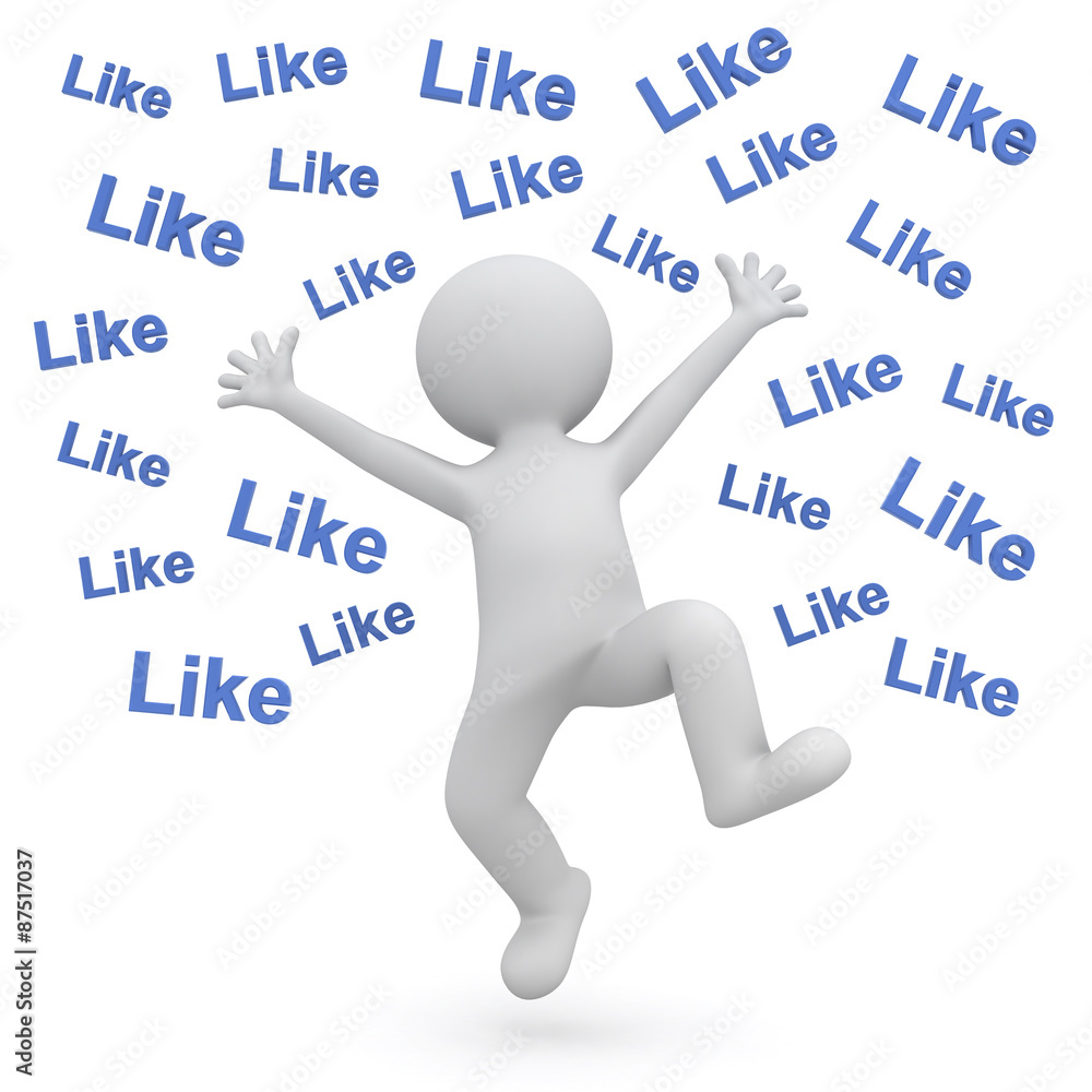 Poster very happy 3d man celebrating and jumping over white background with many like text words