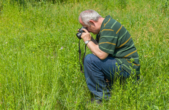 Enthusiastic mature photographer taking a photo of Common Blue butterfly