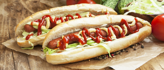 Hot-Dog Meal with Sausages, Mustard Sauce and Ketchup