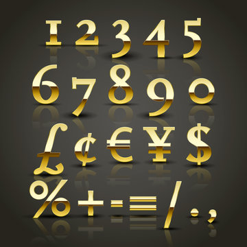 Vector set of a bold Golden numbers. Shiny gold numbers and symbols. EPS 10