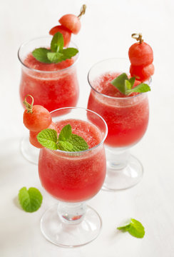 Watermelon smoothies in glass cup.