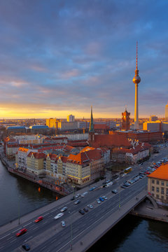 Berlin Alexanderplatz with the Television tower at sunset