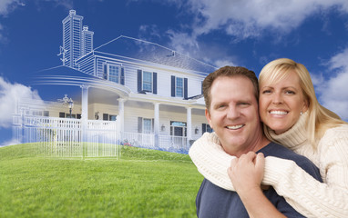 Hugging Couple with Ghosted House Drawing Behind