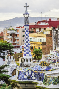Colorful ceramic bench in Park Guell (1914). Barcelona, Spain.