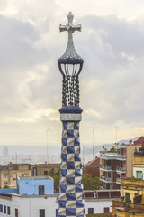 Gatehouse at main entrance to Park Guell (1914). Barcelona, Spain.