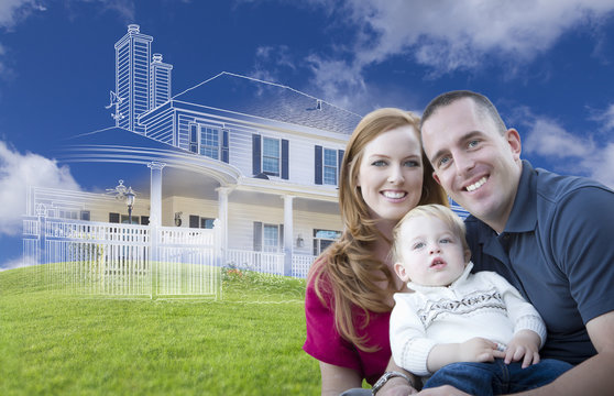 Young Military Family With Ghosted House Drawing Behind