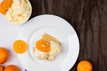 Orange ice cream with waffle and fruits on the dark wooden background
