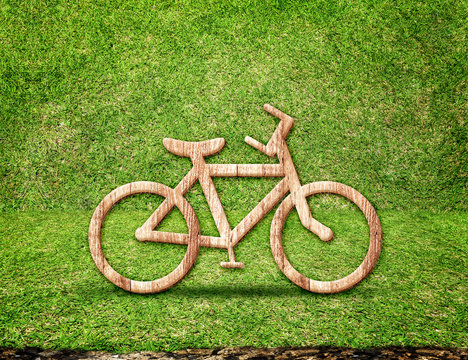 Bicycle wood icon in green grass room,Eco concept