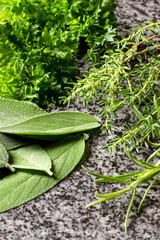 Herbs.
Selection of herbs on a granite worktop.
